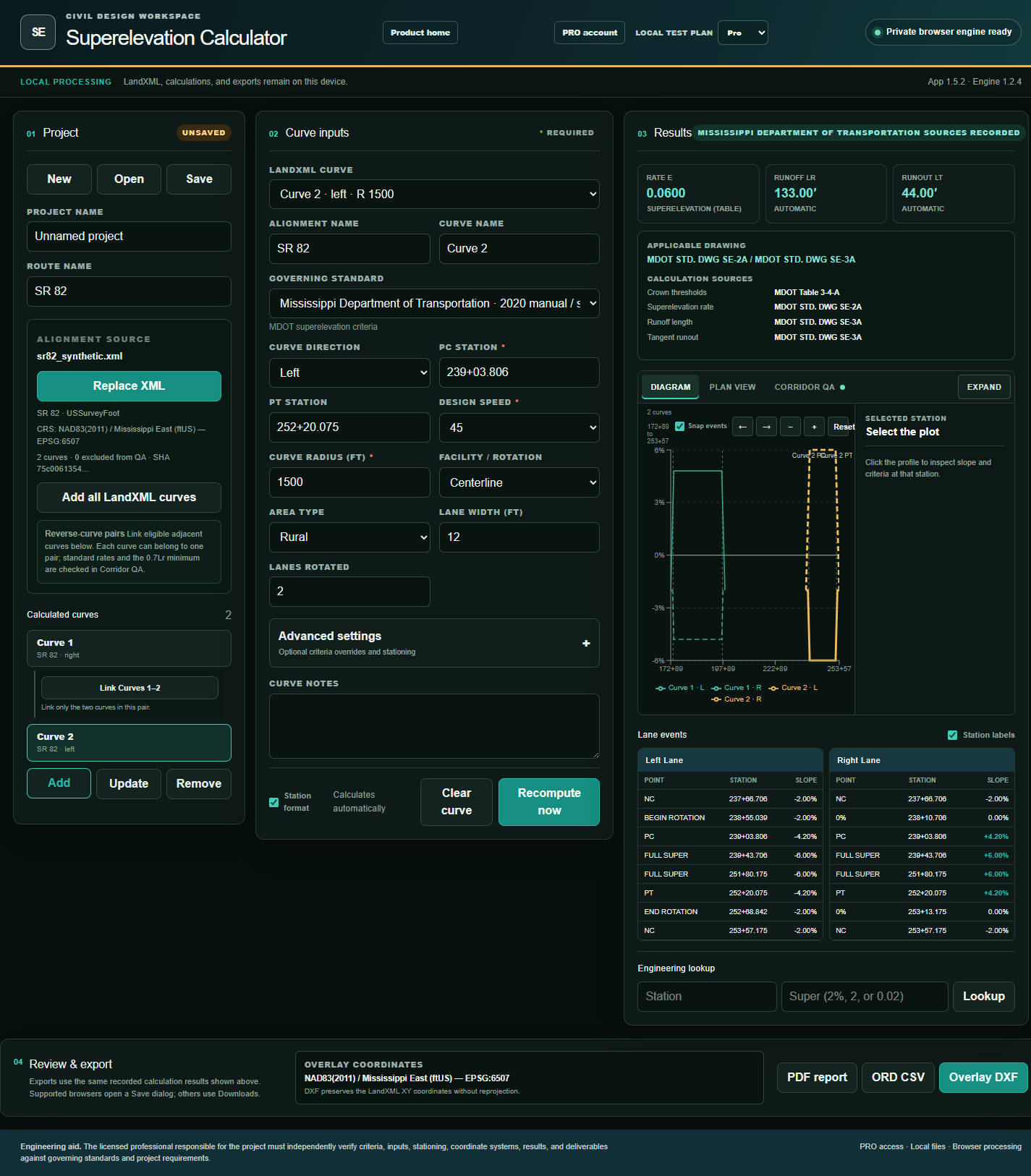 Superelevation browser workspace with curve inputs, calculated results, lane diagram, and export controls